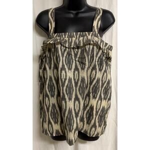 J. Crew Women Top Blouse 10 Black Cream Ikat Sleeveless Ruffle Pockets New